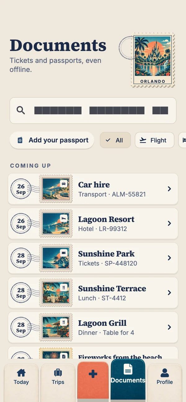 Travary's Documents tab: every booking in the trip as a postage-stamp row under an Orlando stamp