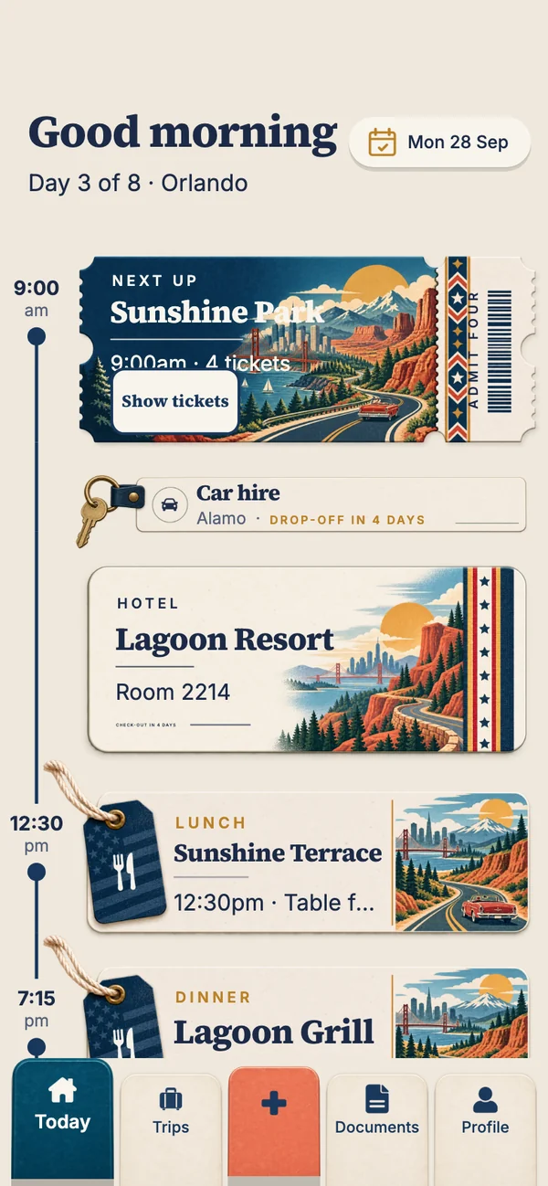 Travary's Today screen: the day's bookings on a time rail with the next ticket ready