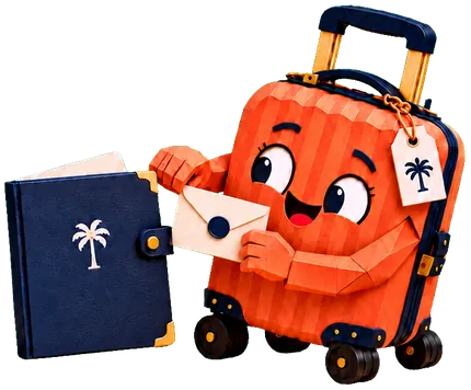 Travi, the Travary suitcase, holding an invitation