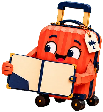 Travi, the Travary suitcase, holding up a ticket