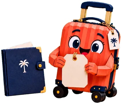 Travi, the Travary suitcase, holding up a ticket